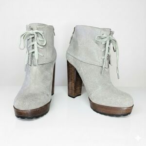 Modern Vintage Sze 37/6 Booties Taupe Suede Leather Wood Heel Zip Handmade Italy